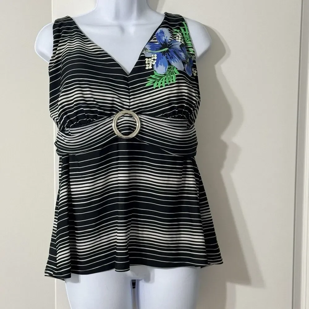 Addition Elle Black & White Striped Tankini Top | Floral Design | XL